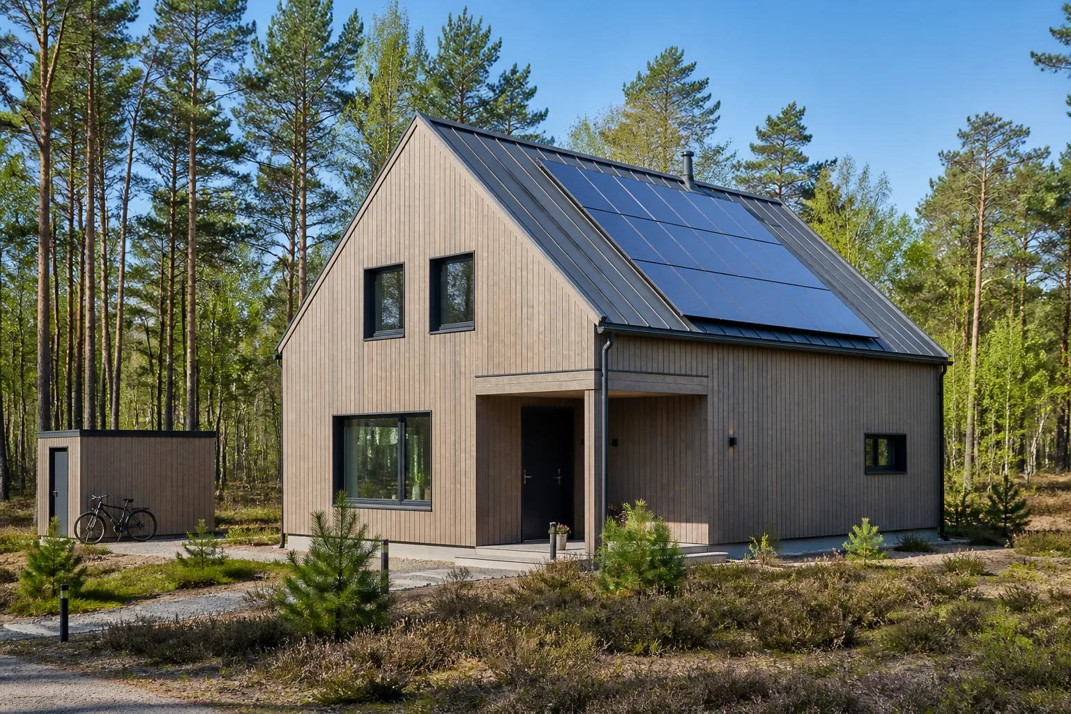Fiktives KI-Musterbild: Außenansicht, Objektart Energieeffizientes Holzhaus, Ort Prieros