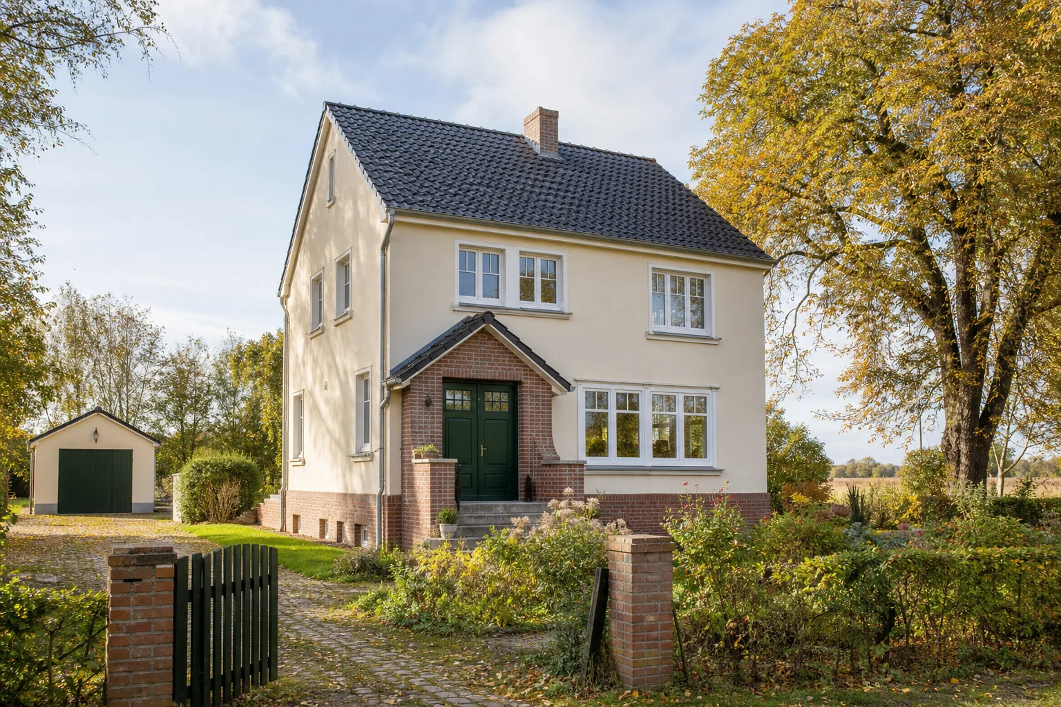 Fiktives KI-Musterbild: Außenansicht, Objektart Saniertes Landhaus, Ort Friedersdorf